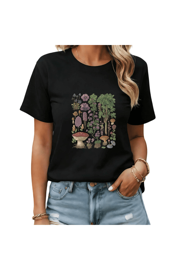 Black Print Tshirt Graphic Tees Shirts Vintage Botanical Mushroom Floral Coquette Inspired Personalized Graphic Wear S-5XL Tops