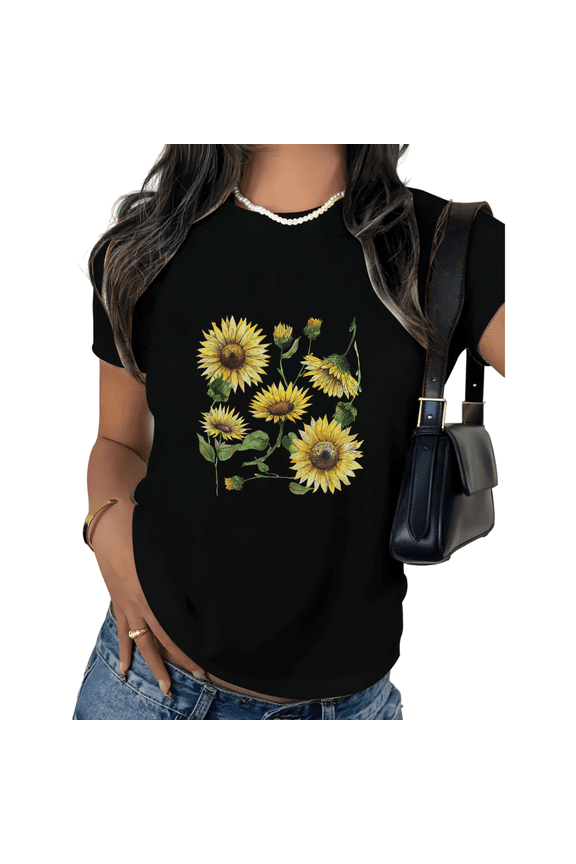 Black Print Tshirt Graphic Tees Shirts Watercolor Sunflower Bouquet Novelty Gift For Flower Enthusiasts S-5XL Tops