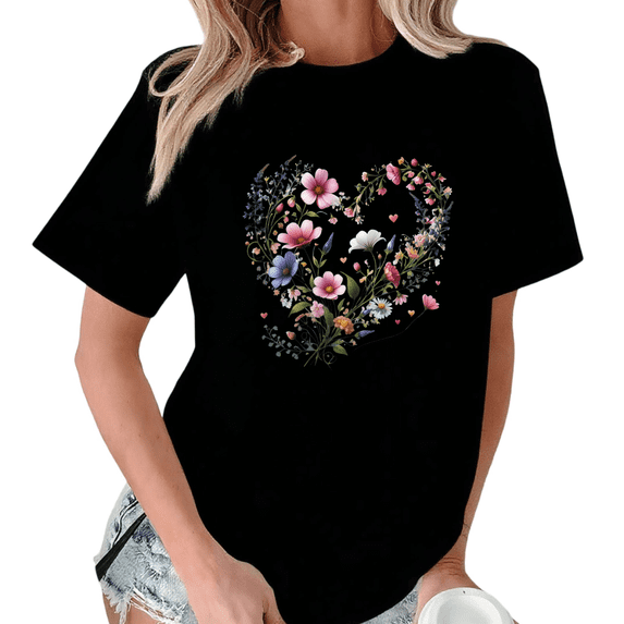 Black Print Tshirt Graphic Tees Shirts Wildflower Heart Gift For Floral Lovers S-5XL Tops