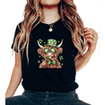 thumbnail image 1 of Black Print Tshirt Graphic Tees Shirts with St Patricks Day Highland Cow Shamrock Hat Pattern Festive Casual Wear Tops S-5XL, 1 of 5
