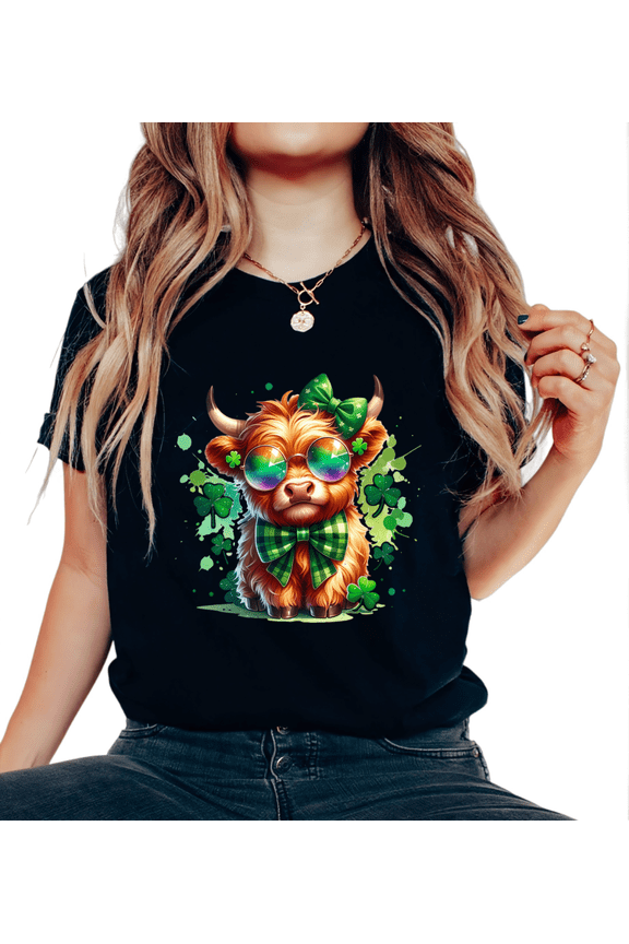 Black Print Tshirt Graphic Tees Shirts with St Patricks Day Highland Cow Shamrock Pattern Festive Casual Wear Tops S-5XL