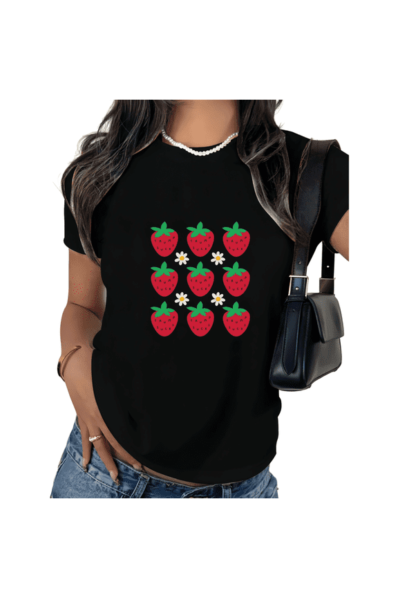Black Print Tshirt Graphic Tees Strawberry Daisy Grid Coquette Inspired Personalized Graphic Wear S-5XL Tops