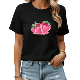 Black Print Tshirt Graphic Tees Strawberry Heart Coquette Style Summer Shirts S-5XL Tops