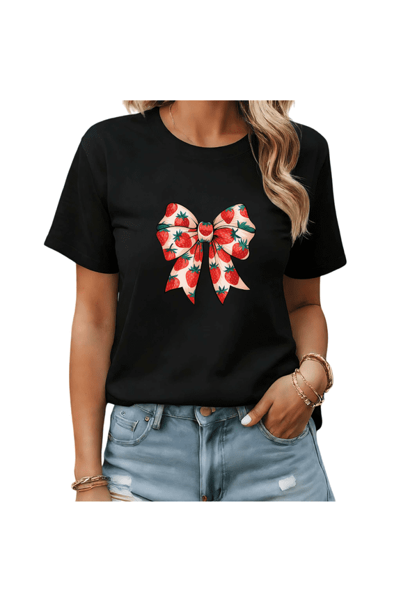 Black Print Tshirt Graphic Tees Sweet Strawberry Bow Illustration Summer Party Shirts S-5XL Tops