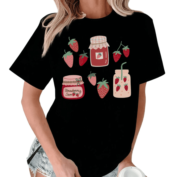 Black Print Tshirt Graphic Tees Trendy Strawberry Jam Illustration Casual Tshirt S-5XL Tops