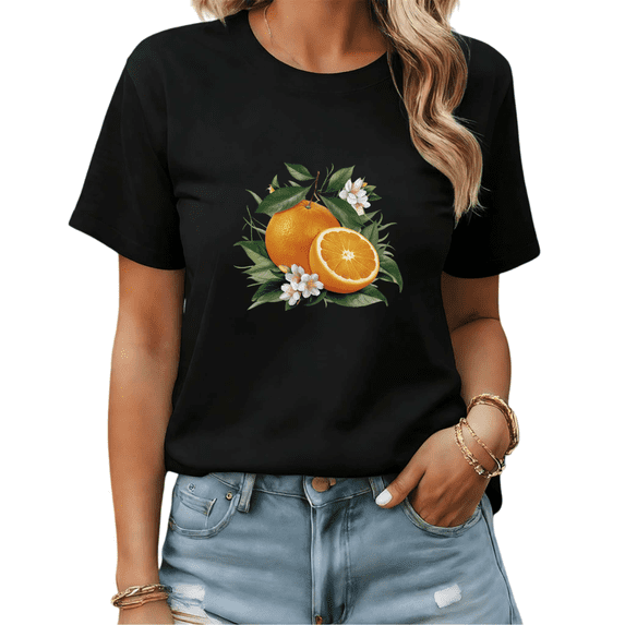 Black Print Tshirt Graphic Tees Vibrant Citrus Orange Design Trendy Shirts S-5XL Tops