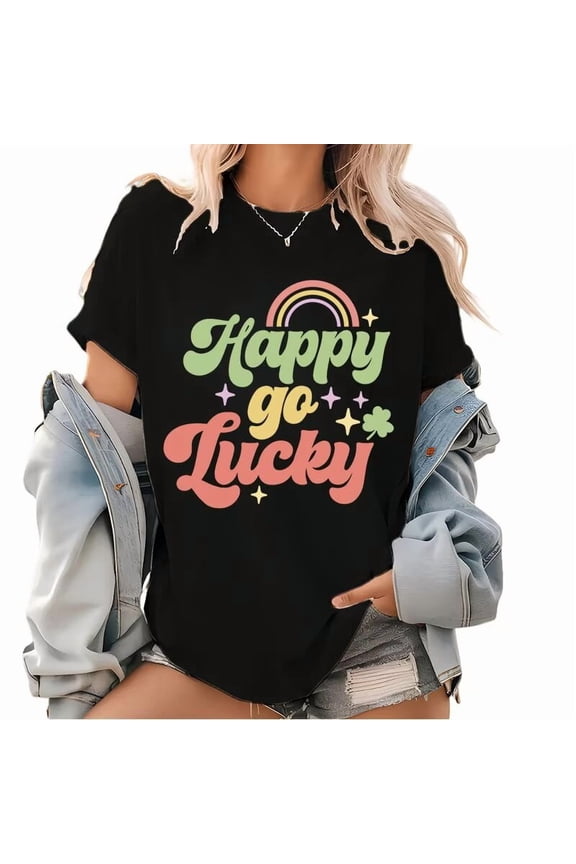 Black Print Tshirt Graphic Tees with Happy Go Lucky St Patricks Day Rainbow Shamrock Print Festive Casual Shirts Tops S-5XL