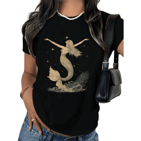 Black Print Tshirt Ocean Mermaid Graphic Tees Shirts Fantasy Beach Mermaid Summer Cotton Tee S 5XL Tops