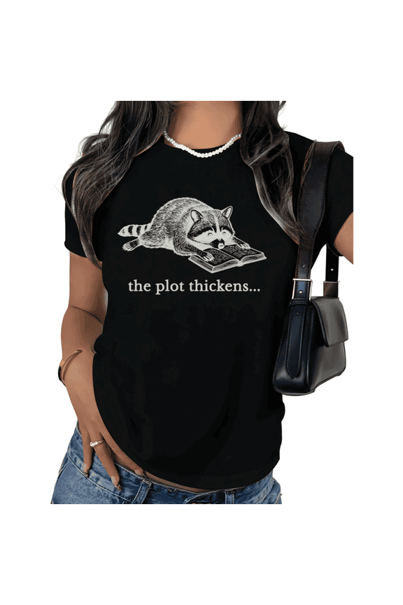 Black Print Tshirt Raccoon Reading Book Graphic Tees Shirts Funny Book Lover Animal Reader Humor Casual Loose Fit S 5XL Unisex Summer Tops