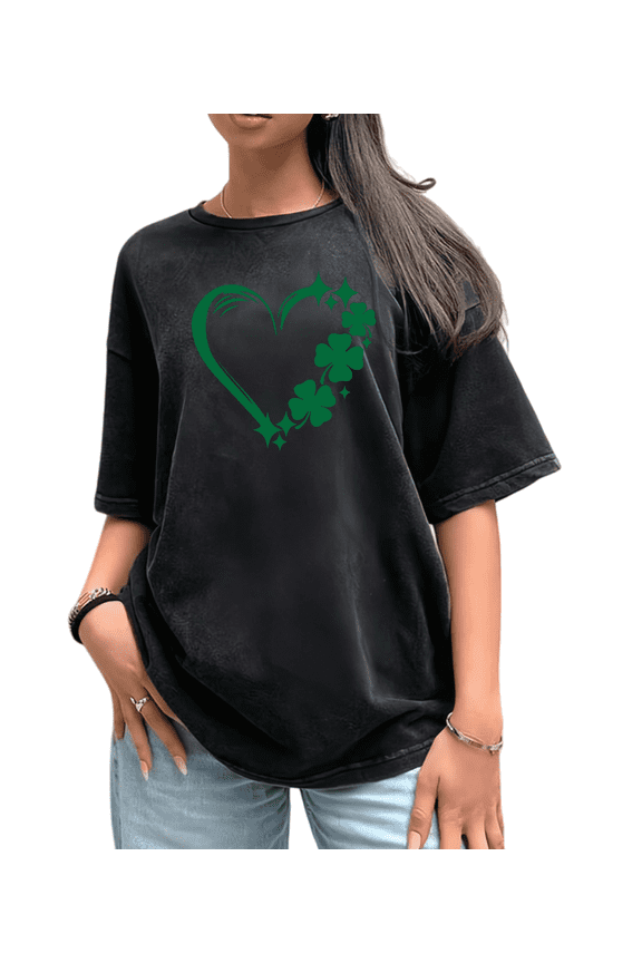 Black Print Tshirt St Patricks Day Graphic Tees Sparkle Star Four Leaf Clover Heart Pattern Shirts Oversized Fashion Casual Tops S-2XL
