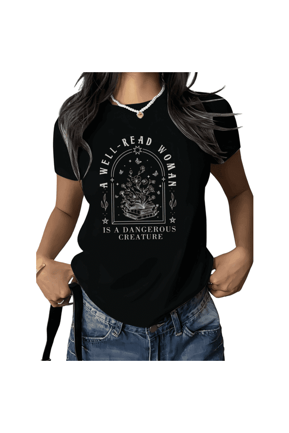 Black Print Tshirt Well Read Woman Graphic Tees Shirts Book Lover Reader Feminist Quote Vintage Library Aesthetic Casual Loose Fit S 5XL Tops
