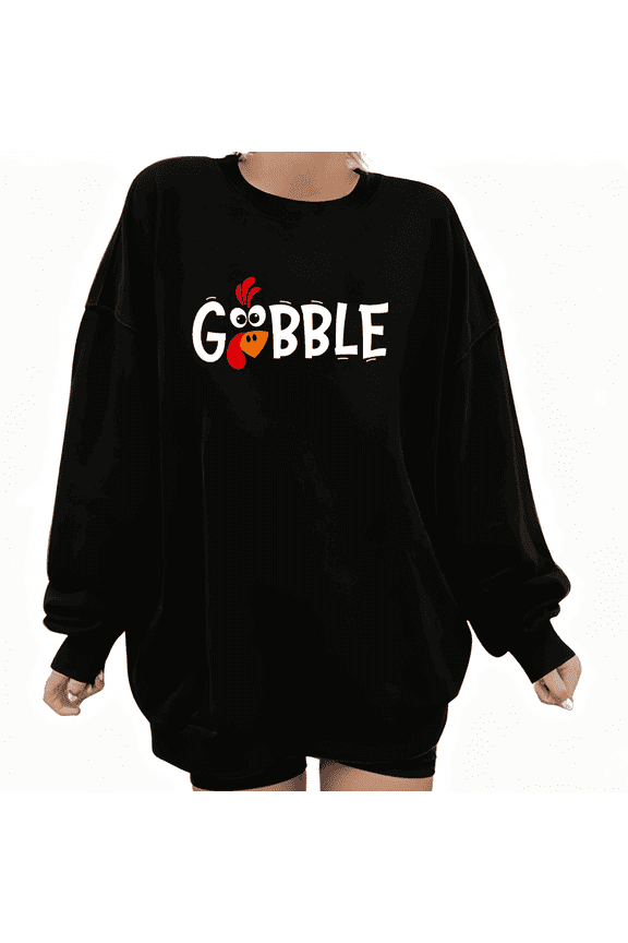 Black Print Turkey "GOBBLE" Graphic Size S-2XL Thanksgiving Dinner Party Casual Club Fashion Printing Tops