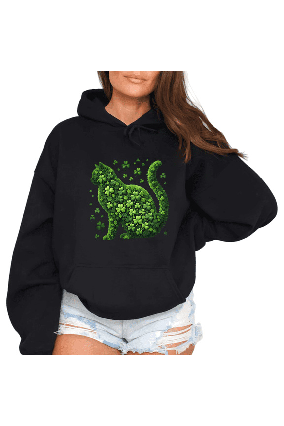 Dense Clover Mosaic Cat Shape St Patricks Print Black Hoodie S-2XL Festive Pullover Tops