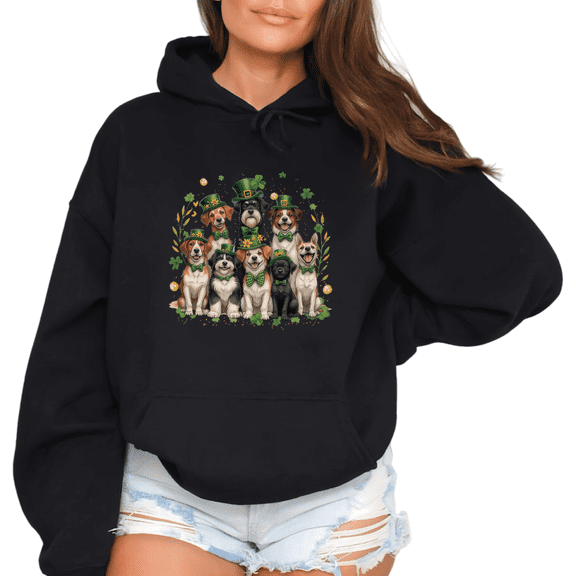 St Patricks Day Dogs Shamrock Leprechaun Hat Print hoodie Graphic Sweatshirt Black S-2XL Womens Cute Dog Lover Tops