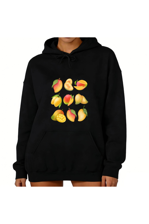 Black Print hoodie Sweatshirt Graphic Sweatshirt S-2XL Mango Cluster Print Cozy Casual Trendy Tops