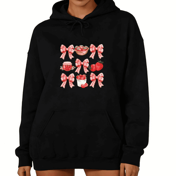 Black Print hoodie Sweatshirt Graphic Sweatshirt Strawberry Bow Grid Coquette Casual Hoodie S-2XL Tops