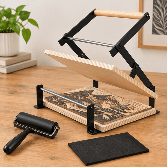 Black Printing Linocut Hand Lever Press Machine with Rollers and Felt Pads for Lino Cuts, Cutting Printing, Linoleum Blocks Printmaking Tools Kits for Hobbyists and Home Crafters