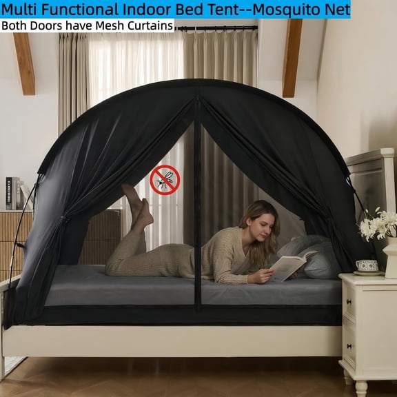 Black Privacy Sleep Twin Size Bed Tent for Adults Kids, Foldable Blackout Canopy with Mesh Windows and Net Doors