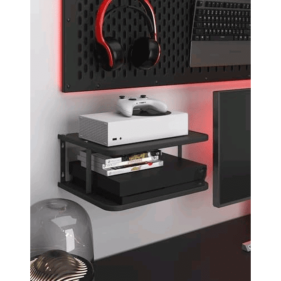 Black Projector Wall Shelf/Floating Under TV Game Double Shelf Stand for Xbox, Router/Entertainment Center, Projector Holder Accessories$$Furniture