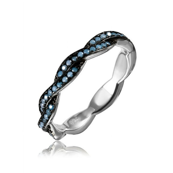 Black Prongs Set Simulated Turquoise Twisted Band Ring Rhodium Plated Sterling Silver Size 6