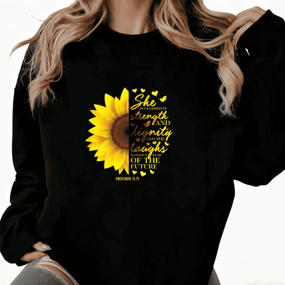 Black Proverbs 31:25 Sunflower Graphic Print Sweatshirt S-3XL Crew Neck Religious Casual Tops