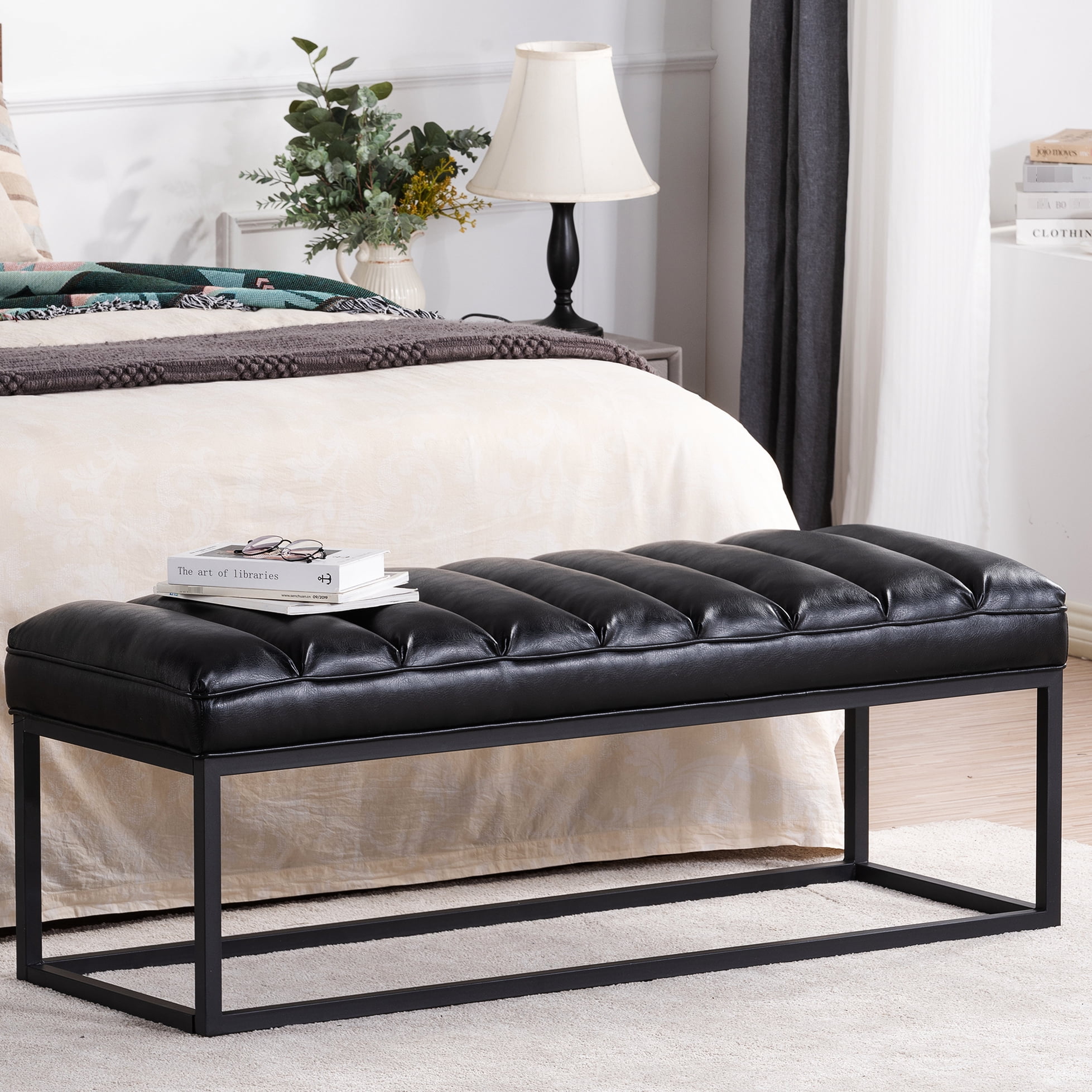 Black Pu Bedroom Entryway Bench With Metal Construction - Sponge