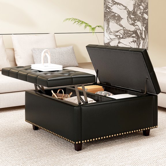 Black Pu Leather Footrest With Spacious Interior, Ergonomic And Fashionable Large Square Storage Comfortable Foam Padding,