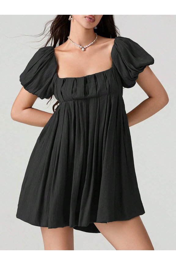 Black Puff Sleeve Square Neck Ruched Bodice Flowy A-Line Mini Sundress