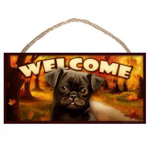 Black Pug Autumn Season Welcome Dog Sign / Plaque featuring the art of Scott Rogers