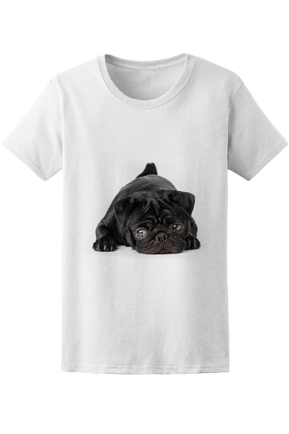 Black Pug Dog Lying T-Shirt Women -Image by Shutterstock, Female Large