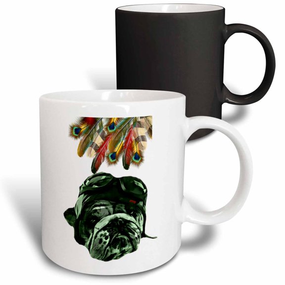 3drose, Black Pug Dog with Glasses, White Background and Colorful Peacock Feather, 11oz Magic Transforming Mug