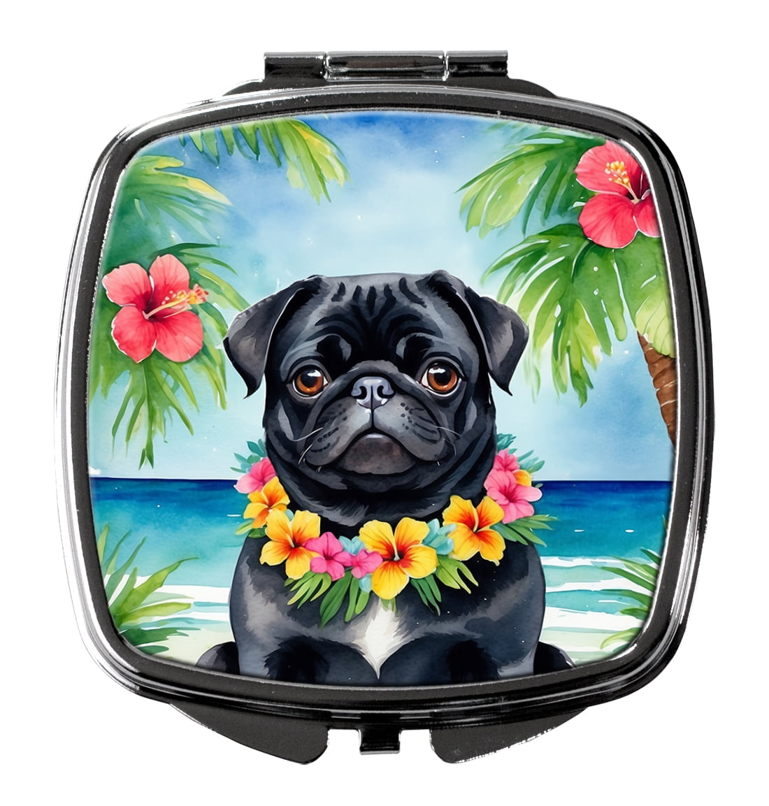 Black Pug Luau Compact Mirror 2.75 in x 3 in