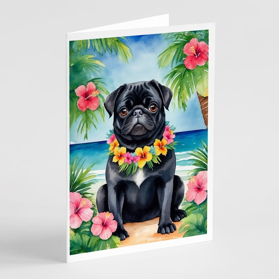 Black Pug Luau Greeting Cards Pack of 8 7 in x 5 in