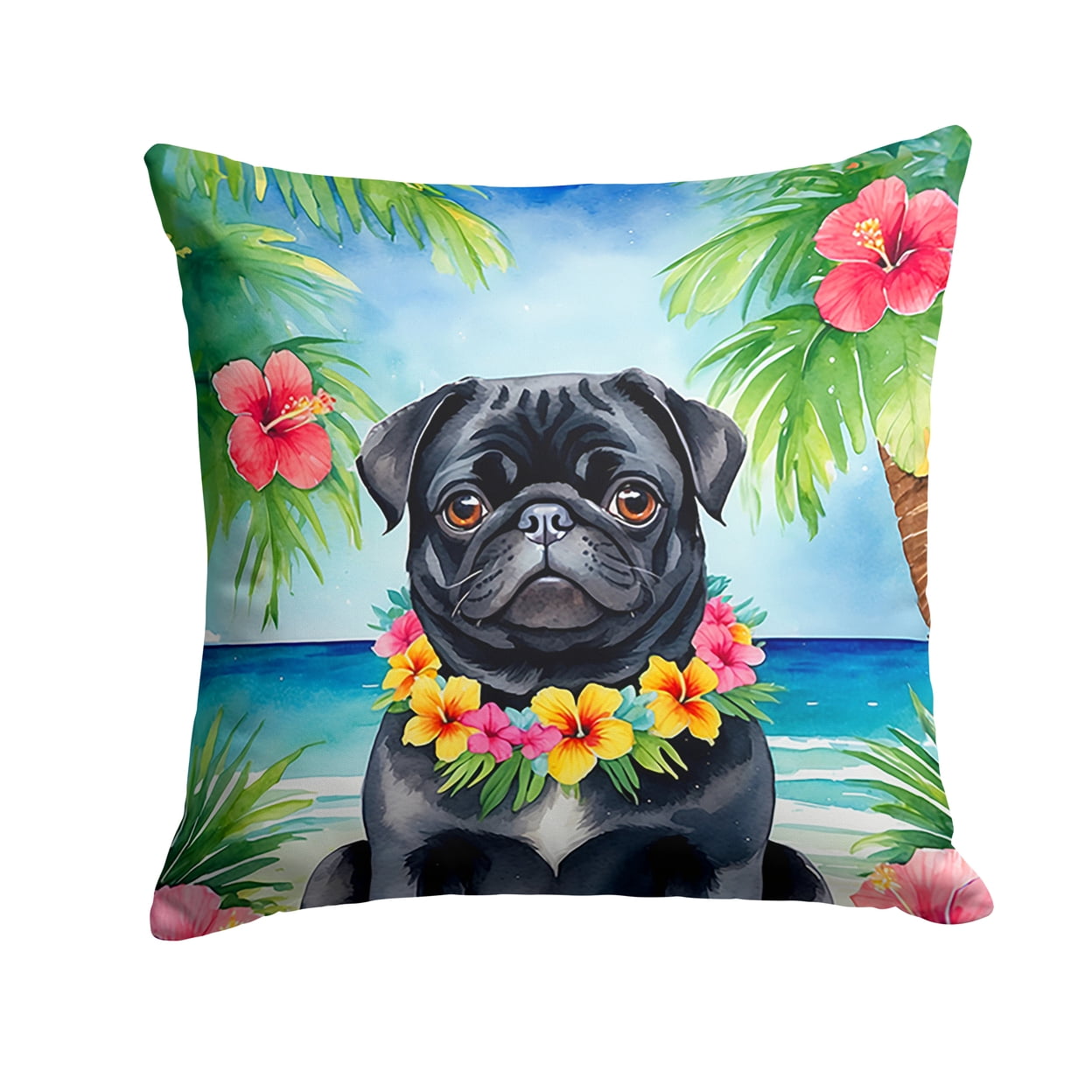 Black Pug Luau Throw Pillow 18 in x 18 in