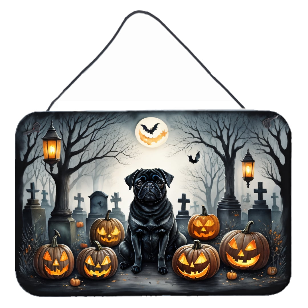 Black Pug Spooky Halloween Wall or Door Hanging Prints 8 in x 12 in