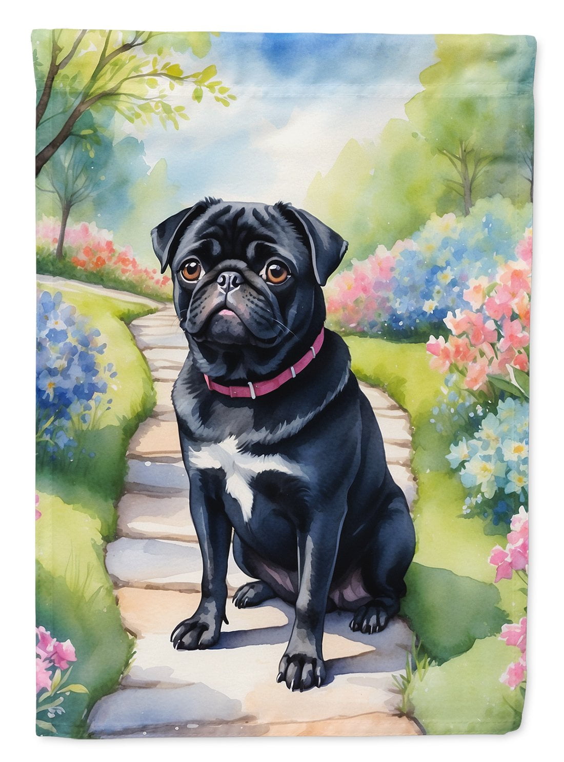 Black Pug Spring Path House Flag 28 in x 40 in