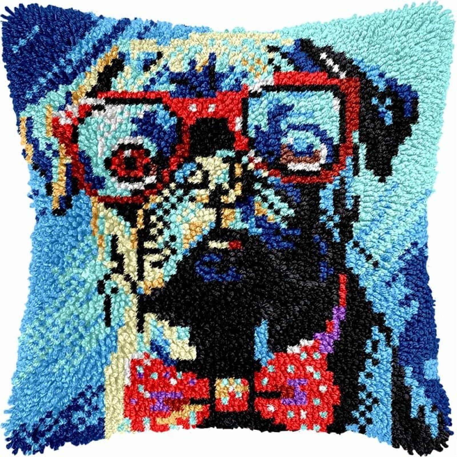 Black Pug Wearing Glasses Latch Hook Pillow Kits for DIY Handmade Throw Pillow Cushion Cross Stitch Latch Hooking Pillowcase Kits with Preprinted Canvas Crochet Yarn 17''X 17''(Y52)