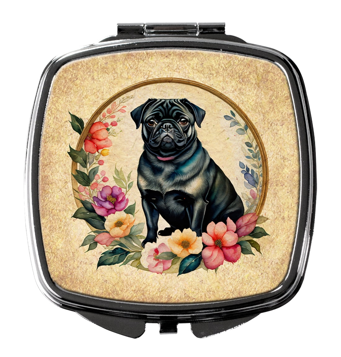 Black Pug and Flowers Compact Mirror 2.75 in x 3 in