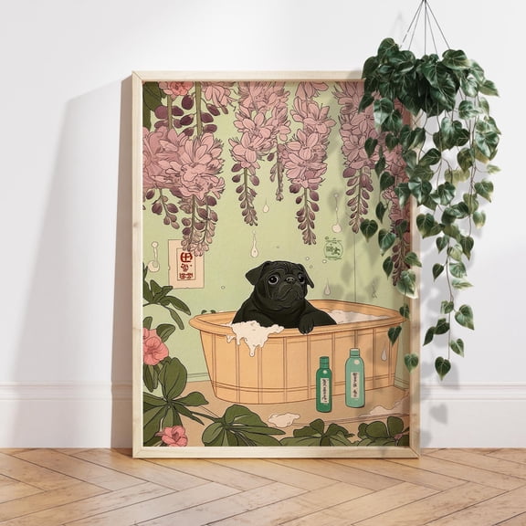 Black Pug in a Bath Japanese Style Vintage Dog Wall Picture, Unframed Paper Poster 8x10in
