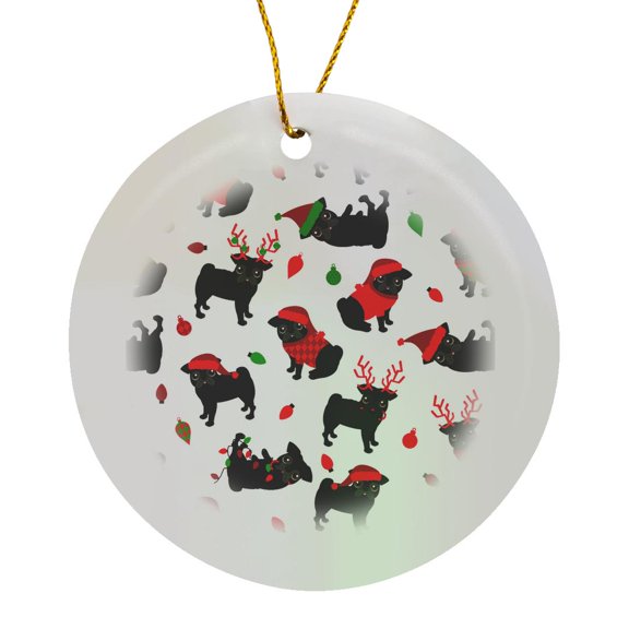 3drose, Black Pugs Christmas Pattern, Circle Porcelain Ornament