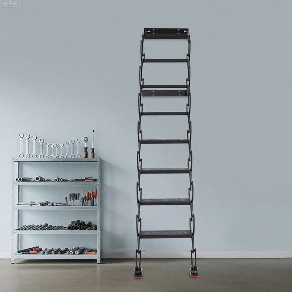 Black Pull Down Attic Ladder 8-Steps, Retractable Folding Stairs with Armrests, Telescoping Step Ladders, Wall-Mounted Retractable Ladder