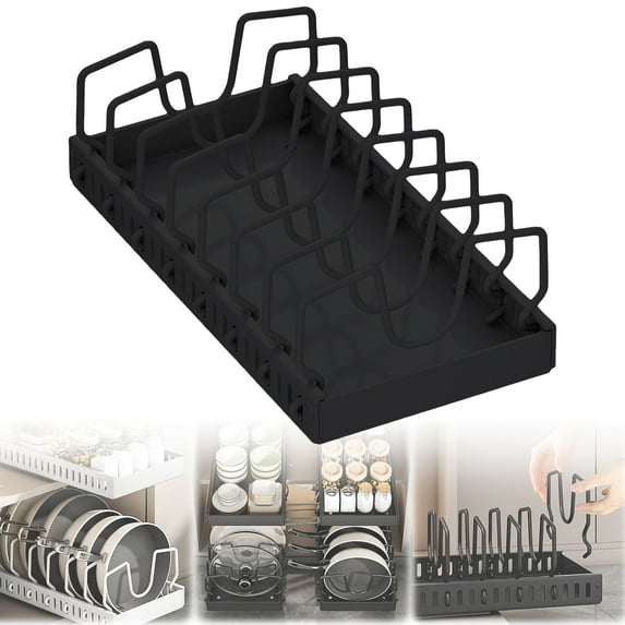 Black Pull Out Kitchen Organizer with Dividers, Sliding Pots and Pans Rack Under Cabinet, Adjustable Expandable Cookware Storage for Lids, Pans, Cutting Boards, 1 Pack