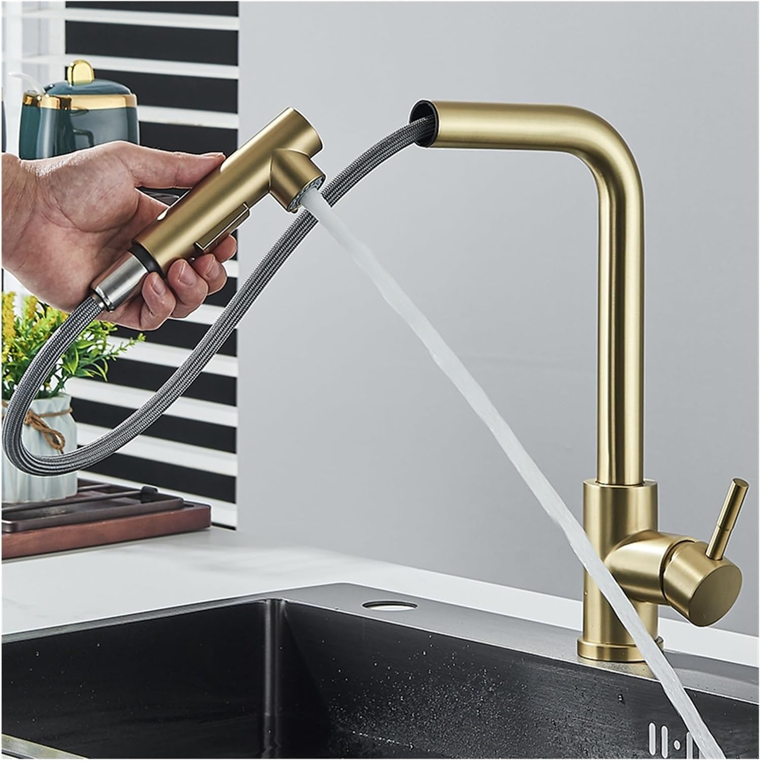 Black Pullout Kitchen Sink Faucet Countertop Mount Stream Sprayer ...