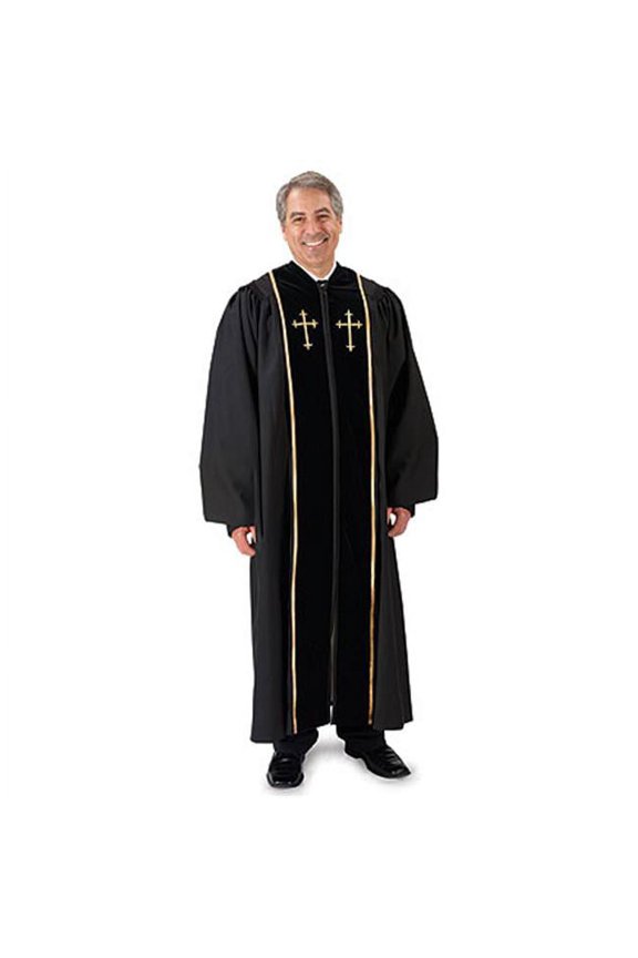 Black Pulpit Robe With Velvet & Gold Cross Embroidery (59")