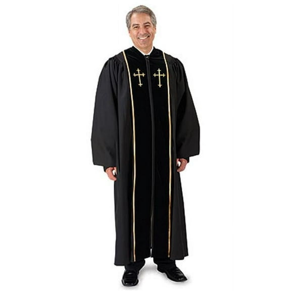 Black Pulpit Robe with Beautiful Gold Embroidery (53 Small: 5'6" - 5'7" Height. 53" Back Length. 33" Sleeve Length)