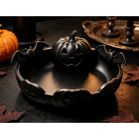 Black Pumpkin Candy Bowl Holder with Large Opening, Dish for Candy, Cookie, Candles, Halloween Decoration, Day of The Dead Decor