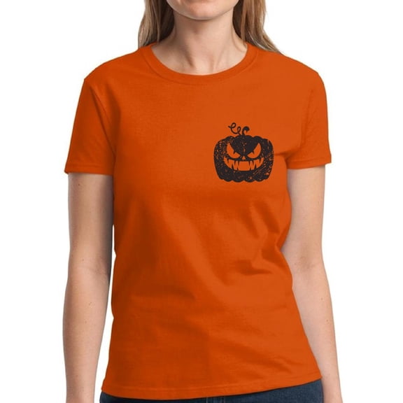 Black Pumpkin Pocket Halloween T Shirt for Women - S M L XL 2XL 3XL Graphic Tee - Scary Happy Halloween Outfit Gift Funny Holiday Tee T-Shirt Ladies