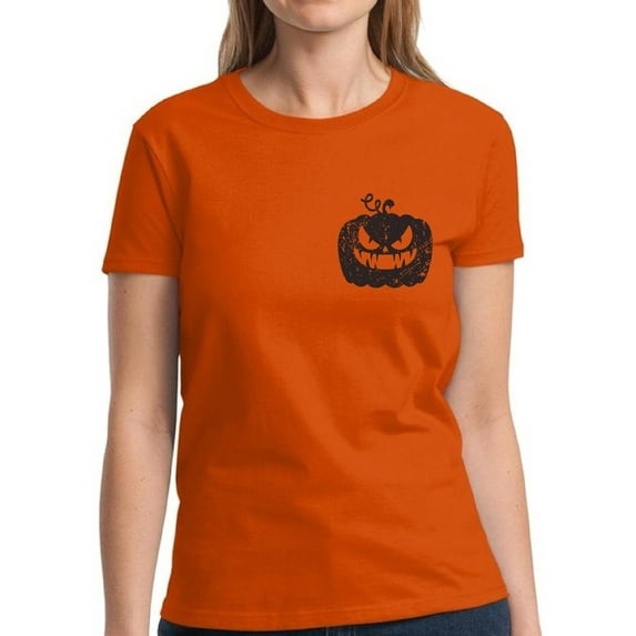 Black Pumpkin Pocket Halloween T Shirt for Women - S M L XL 2XL 3XL Graphic Tee - Scary Happy Halloween Outfit Gift Funny Holiday Tee T-Shirt Ladies