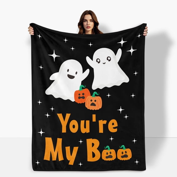 Black Pumpkin Stars Doll Pattern Flannel Blanket For Couples Love Gift Suitable For Sofa Bed Travel Camping Made With Polyester Fabric Soft Warm Comfortable Shipped From USA Ideal For Family Friends