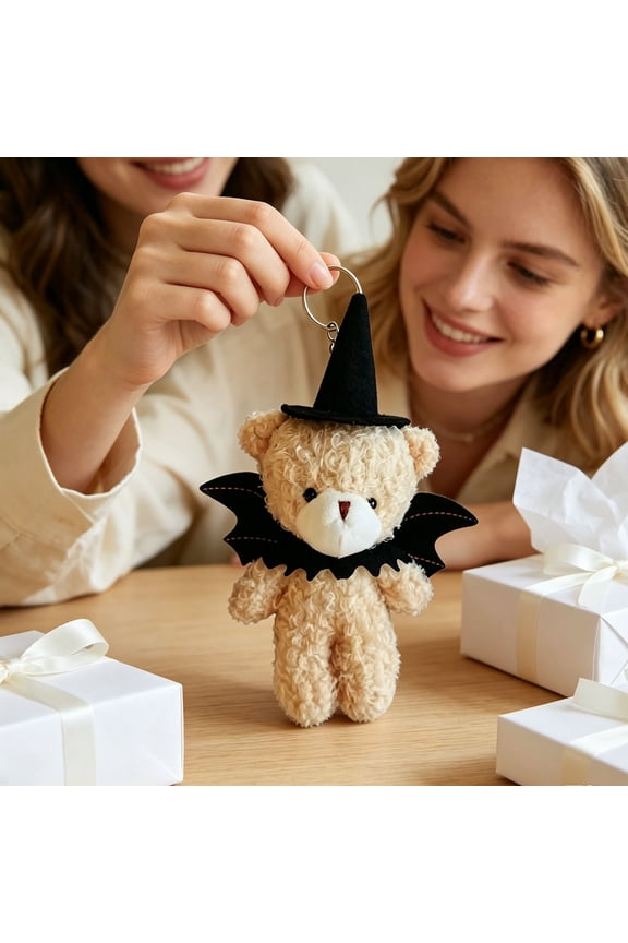 Black Pumpkin Wizard Bear Keychain, Cute Stuffed Teddy Backpack Pendant, Soft Plush Doll Party Favor, Handbag Key Ring Accessory, Eerie Gothic Autumn Halloween Accent Gift